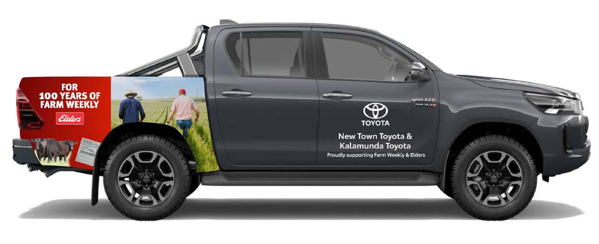 A representation of the branded Toyota HiLux ute to be won by one lucky Farm Weekly subscriber showing both side views (the murals are not permanent), part of Farm Weekly's 100-year anniversary celebrations.