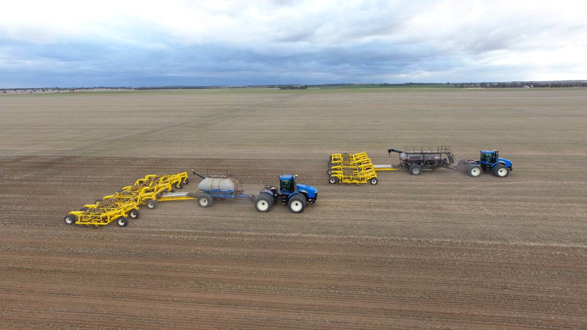 The two 60ft Duraquip manufactured Seed Storm bars with 254 millimetre (10 inch) spacings in action at Nungarin last week. (Photos supplied by McIntosh & Son.)