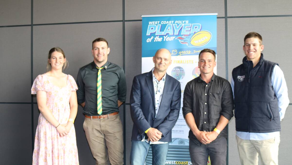 Women's league State country team player Sophie Proudfoot, Bunbury with West Coast Poly player of the year winner, Dampier Sharks premiership player Guy Langdon, West Coast Poly director Stephen Thompson and finalists McKenzi Nix, Boyup Brook Football Club and Fraser House, Gnowangerup Football Club.