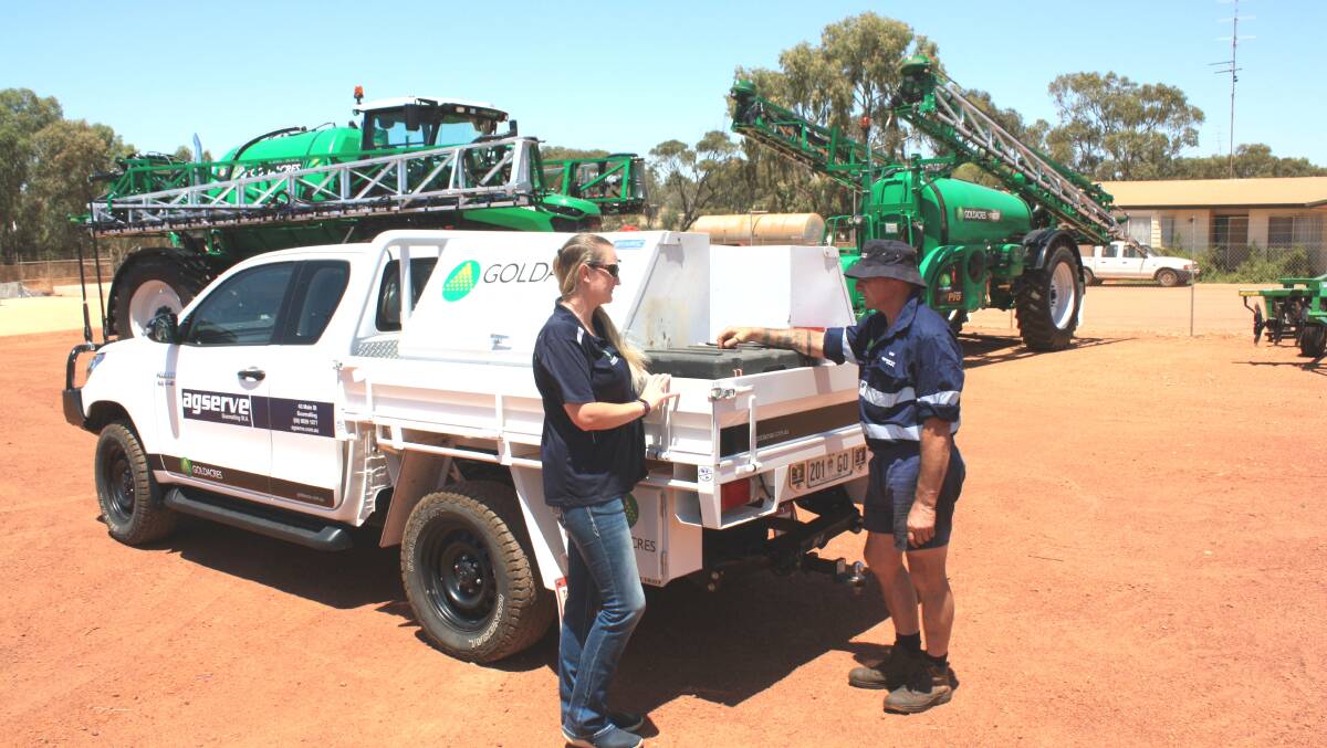 Farm Weekly caught AgServe Goomalling administration executive Laura Monaghan (left) and lead service technician Carl Winter among Goldacres boomsprayers last week all of which are paddock-ready. AgServe has become almost Goldacres-central in WA with enthusiastic dealer principal Greg Baird declaring the sprayers are the best in the market. He is renowned for taking customers over to the company's Ballarat factory with special tour surprises. Last year the company picked up an 'Outstanding Sales' gong from Goldacres.