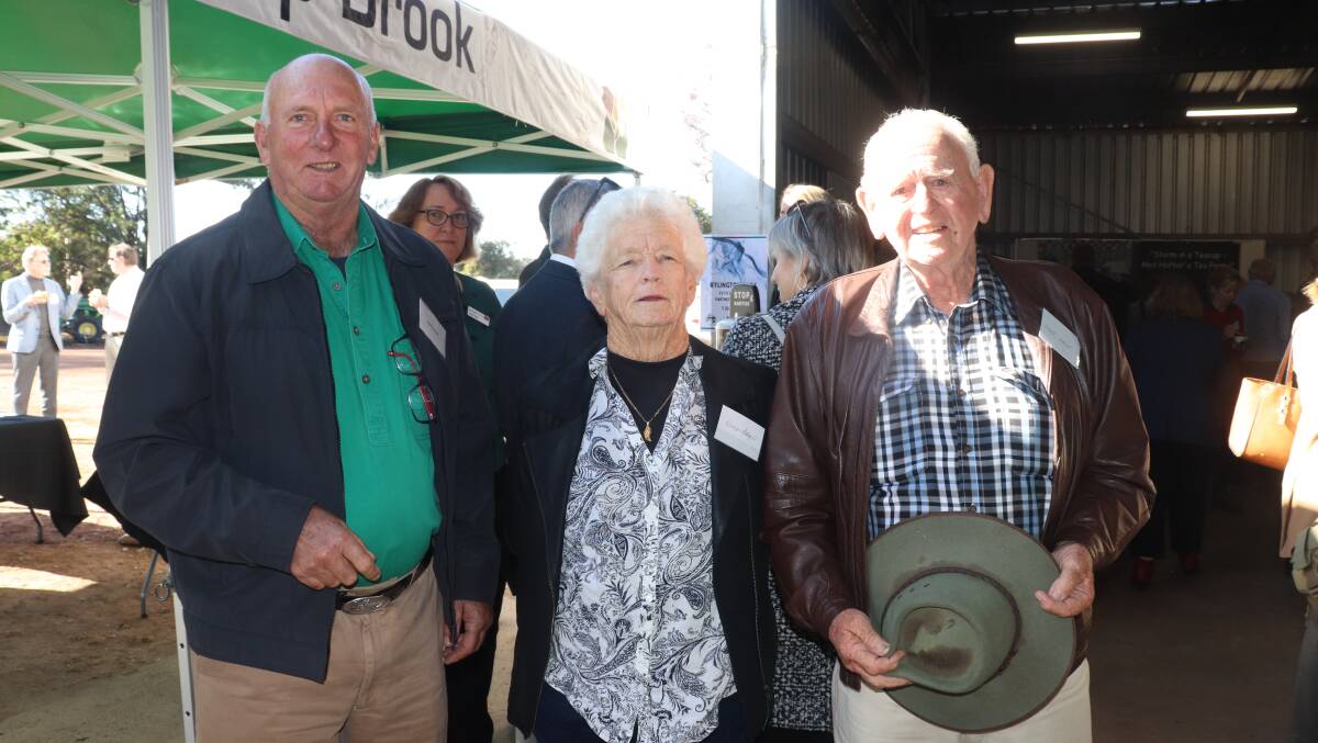Local farmer Neville Parker (left) with retired Mayanup farmers Diana and Geoff Lodge.
