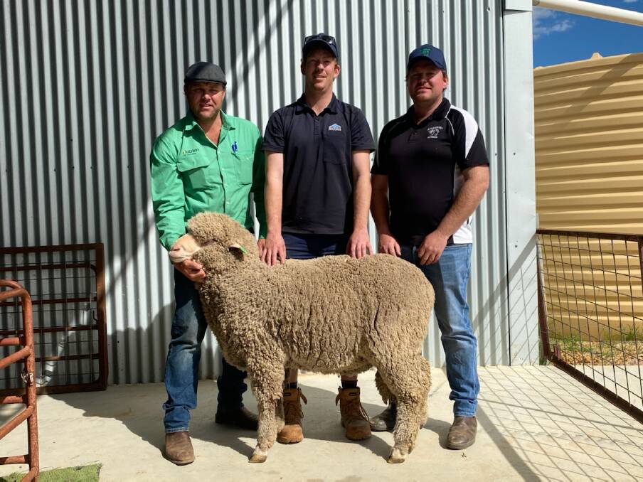  With one of the two rams which sold for the $1300 equal top price at last week's Aylesbury 35th annual Merino and Poll Merino ram sale at Merredin were Nutrien Livestock Merredin, Livestock & Land agent Aaron Caldwell (left), buyer Daniel Giles, Neening Valley, Merredin and Aylesbury co-principal Craig Last. The other top price ram in the sale sold to the Auld family, EB & EC Auld, Merredin.