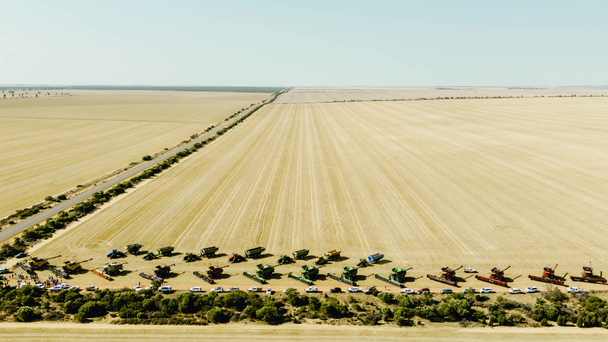  An aerial image showing all the harvesters and chaser bins lined up after the massive co-ordinated effort. Photo by Amy Schultz Photography.