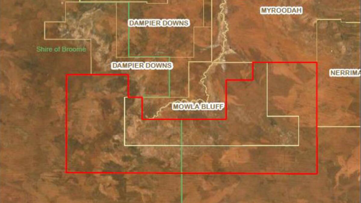 The WA government is seeking development proposals for the former Ardjorie station, in the Kimberley. Key: Red is Ardjorie register of interest land, brown is a pastoral lease boundaries, green is a local government boundary, blue is a major road and yellow is cadastre. Image: Department of Planning, Lands and Heritage.
