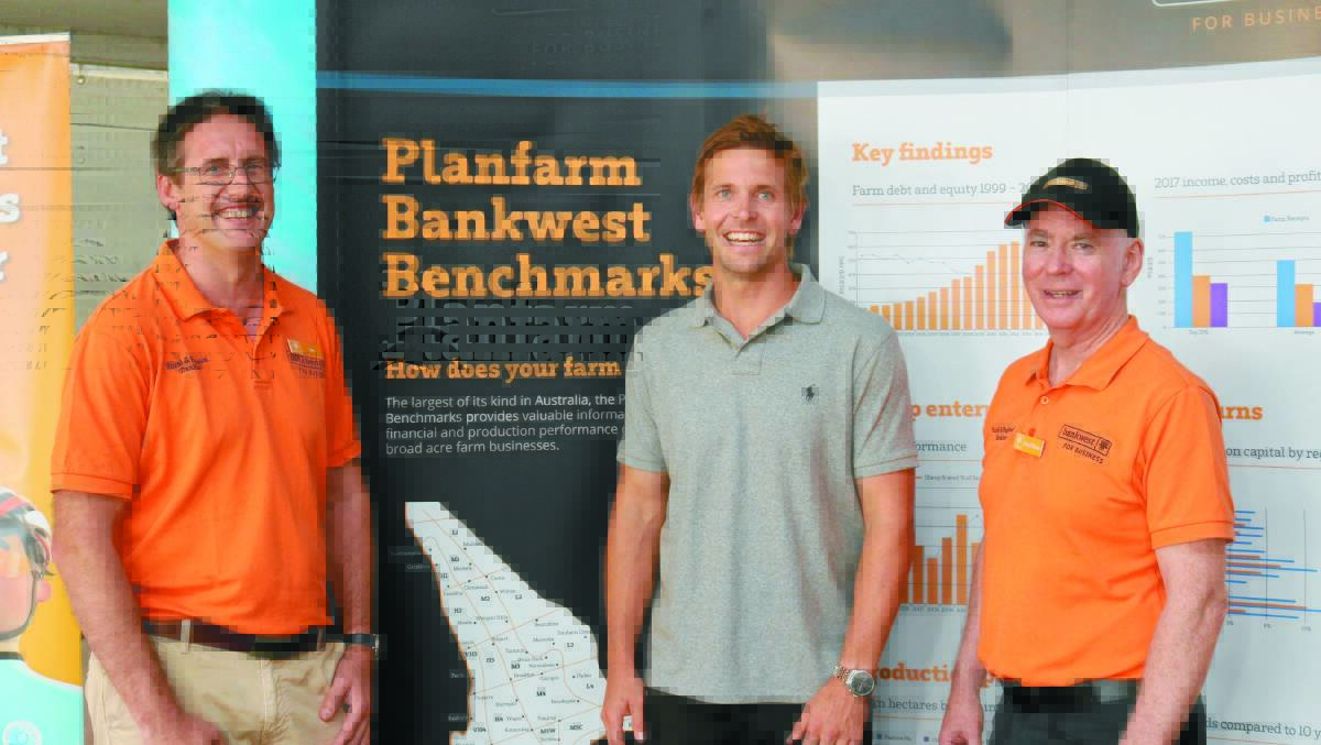 Bankwest senior relationship manager Joe Galantino (left) and State manager rural and regional Greg O'Brien (right) with former West Coast Eagle footballer and premiership player Mark LeCras at the Bankwest stand.