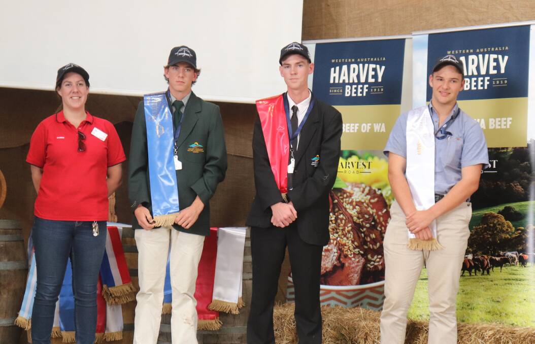 Sage Bailey (left), Coles store manager, Orana, with the understanding the carcase topic winners. In first position was Toby Emmott, WACOA Harvey, second Aaron Cuthbertson, WACOA Cunderdin and third place Michael Cottle, WACOA Denmark (team two).