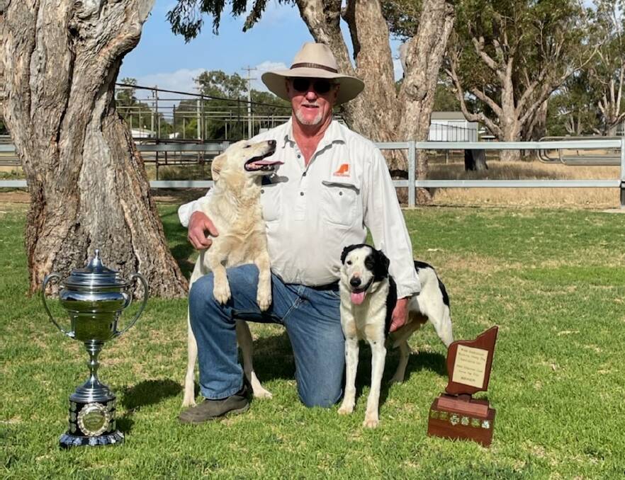 Neil Kristiansen, Walkaway, with the 2022 open State champion sheepdog Princes Delta (left) and improver State champion sheepdog Badgingarra Maggie. Mr Kristiansen plans to trial four working dogs at Woolorama.