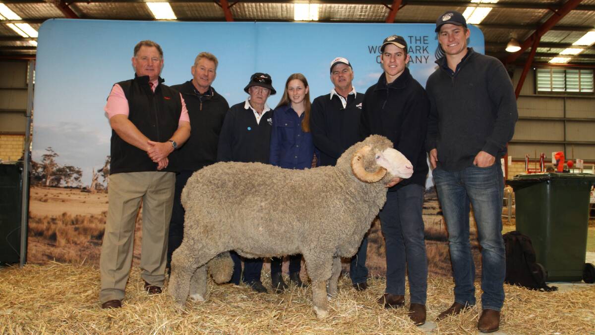 With the Barloo ram that sold for the sale's $13,000 second top price to the Kolindale stud, Dudinin, were Barloo stud classer Russell McKay (left), Elders stud stock, Richard House, Barloo stud, Gnowangerup, Arthur Major, Marian Lewis and Matthew Ledwith, Kolindale stud and Fraser and Timm House, Barloo stud.