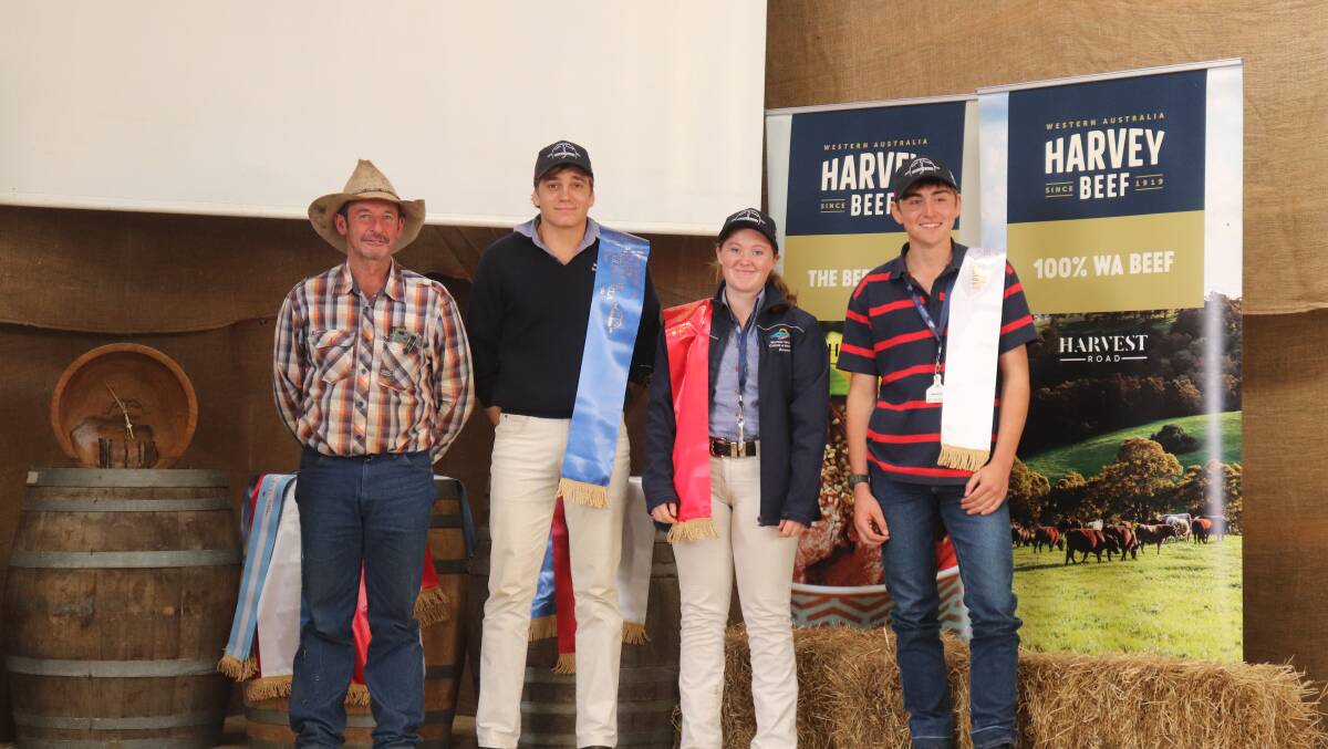 Local stockman Steve Moir (left) with the stock handling practical section winners. Winning the section was Josh Coole, WACOA Denmark (team one), Jorja Waters, WACOA Denmark (team two) was second and Brendan Quick, Great Southern Grammar came in third.