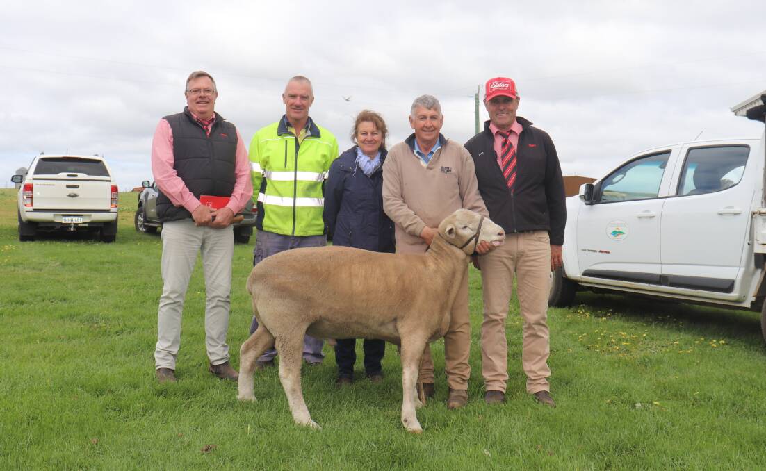 With the $2000 top price Poll Dorset ram were Elders auctioneer Graeme Curry (left), buyer Kevin Marshall, WA College of Agriculture - Denmark farm manager, Brimfield stud co-principals Gail Cremasco and Max Whyte and Elders, Mt Barker representative Dean Wallinger.
