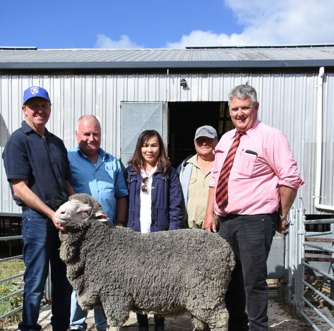 With the $6200 top-priced ram at last week's Westerdale on-property Poll Merino ram sale at McAlinden were Westerdale principal Peter Jackson (left), buyers Danny and Chanyanit Hansberry and their manager Giovanni Leusciatti, Orchid Valley, via Kojonup and Elders Darkan agent Wayne Peake.