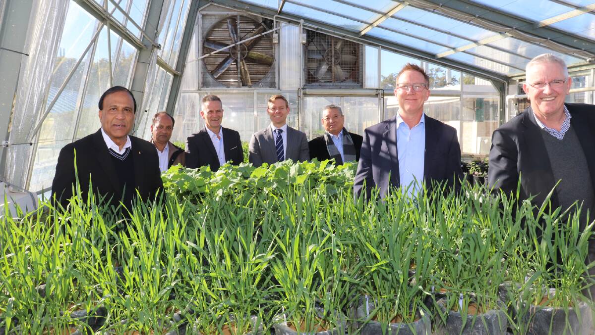 UWA Hackett professor of agriculture chair and director, Professor Kadambot Siddique (left), Dr Zakaria Solaiman, UWA, Hartleys investment advisers Michael Munro, Ben Fleay and Tony Chien, Australian Potash Company managing director Matt Shackleton and Hartleys director John Featherby inspecting a trial at UWA to measure the response of wheat and canola to Sulphate of Potash.