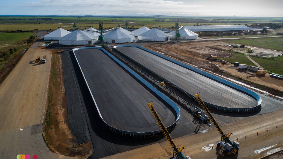 A drone shot of the new storage capacity at the CBH Gairdner bin. The two new bulkheads will offer increased capacity of 46,800 tonnes and will mean the Gairdner bin can now hold a total of 293,000t. Photo: Harley Dykstra.