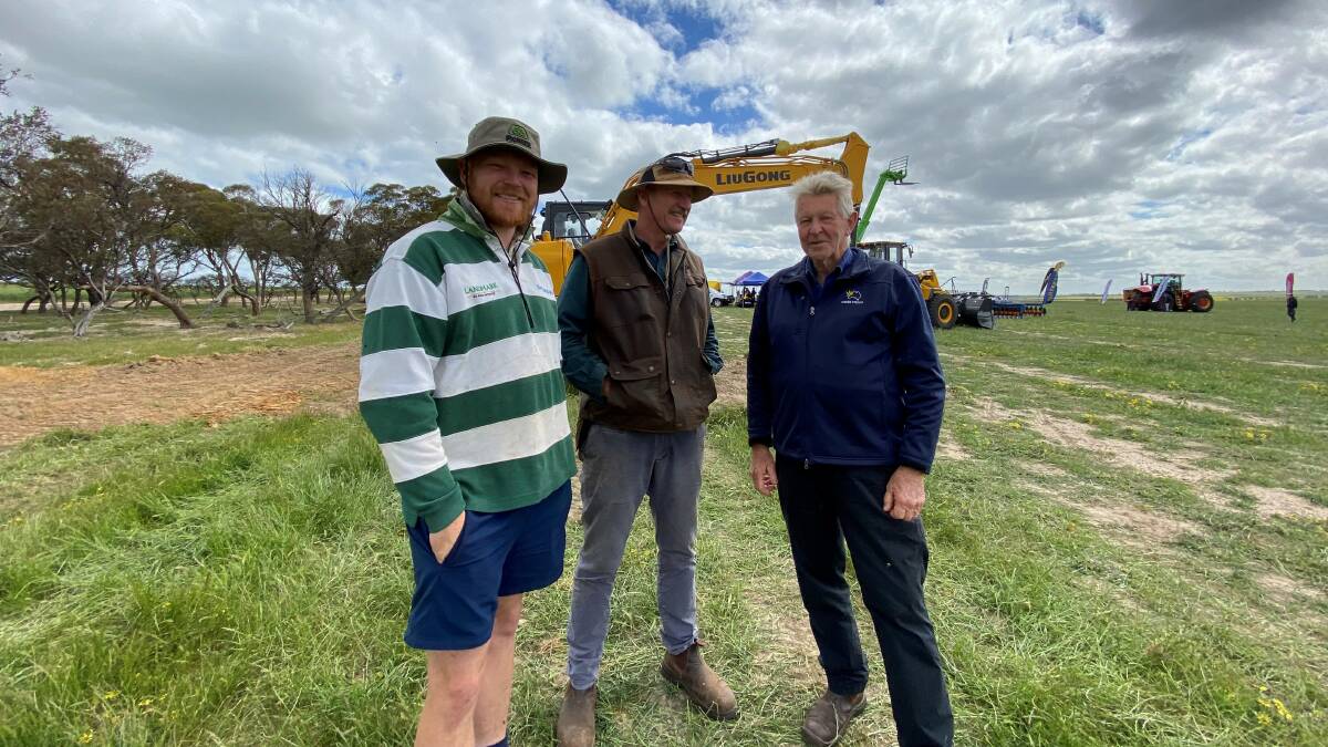 Bolgart farmers Matt Camerer (left) and Theo Camerer with Robert Sewell, Wongan Hills, at the McIntosh & Son Field Day.