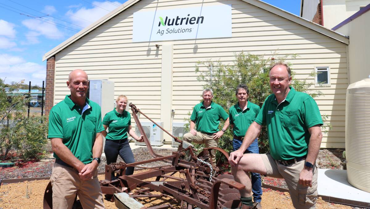 Outside the newly branded Nutrien Ag Solutions office in Narrogin were region west general manager south Justin Lynn (left), with local staff members Angela Ryan, livestock administration, senior sales representative Ashley Steere, agronomist Faan Carlse and branch manager Graham Broad.