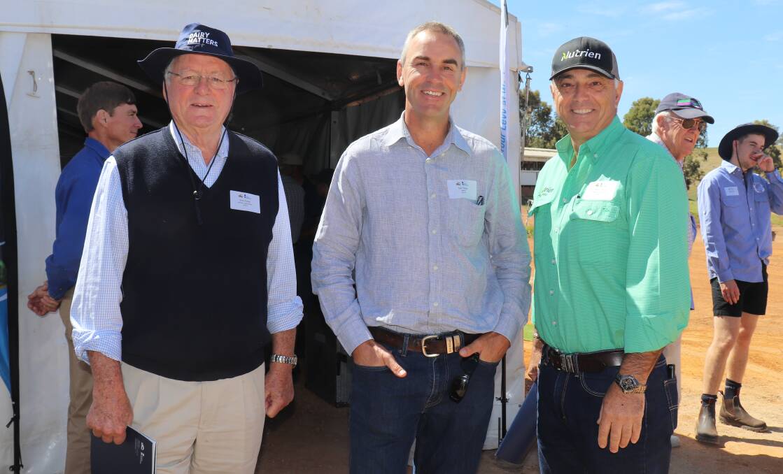 Western Dairy director Brian Piesse (left), who stepped down from the board after seven years at the Western Dairy annual general meeting held at the end of the field day, Agvivo consultant agronomist Sam Taylor, who reported on phase two of the national Smarter Irrigation Project at the field day and Nutrien livestock manager Leon Giglia.