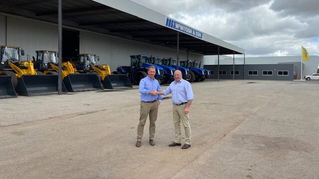 Devon Gilmour (left), McIntosh & Son general manager McIntosh & Son Albany, Esperance, Katanning and Kulin, with Goldacres national sales manager Ash Dinning. McIntosh has agreed to sell and service Goldacres sprayers at Esperance and across the Great Southern region.