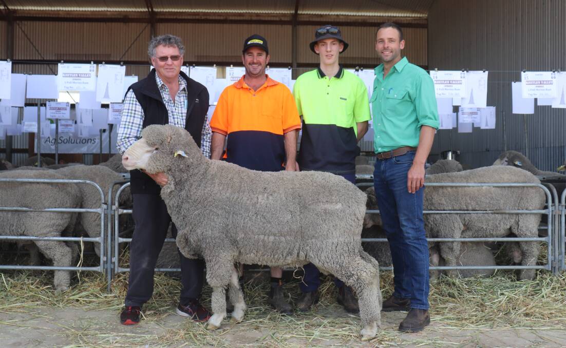 With the $5300 top-priced ram at last weeks Keetlen Valley on-property Poll Merino ram sale at Newdegate, were stud co-principal Keith Hams (left), buyers Dwight and Dale Ness, PW & TA Ness, Newdegate, who were also volume buyers in the sale and Nutrien Livestock, Lake Grace representative, Tyson Prater.