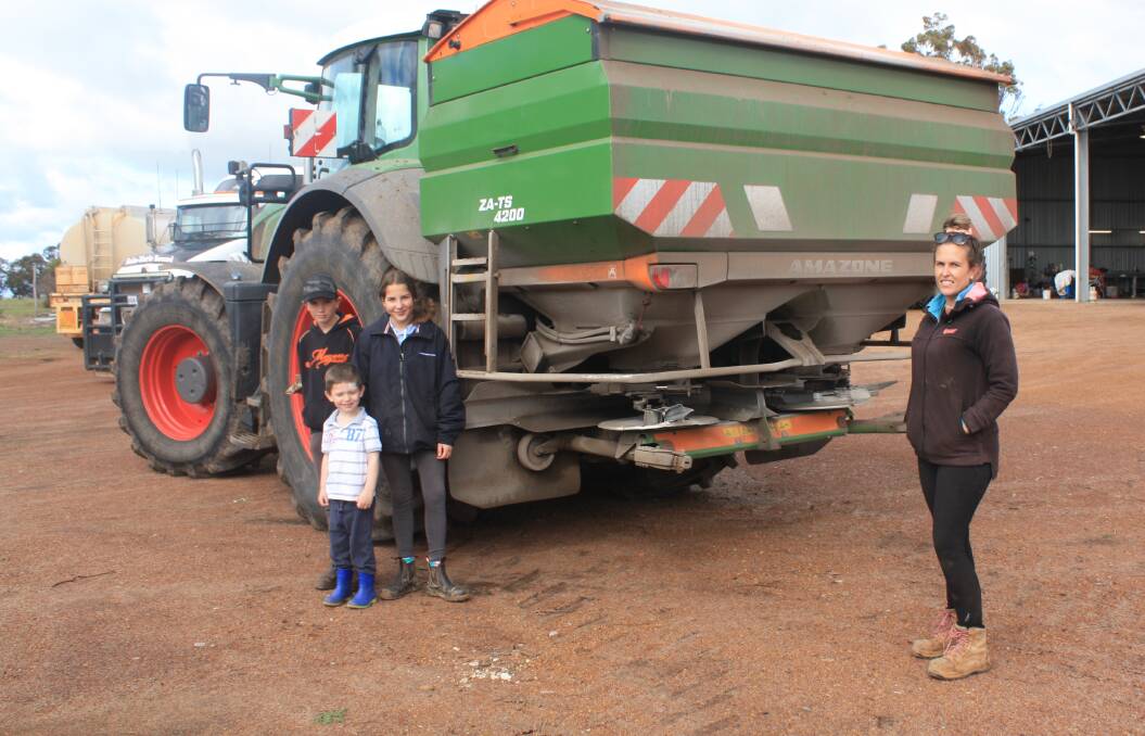 AMAZONE ZA-TS spreader driver Brooke Miln (right) with Charlie (left), Finn and Gabby Letter checking out the three-point linkage spreader driven by a Fendt 936 tractor.
