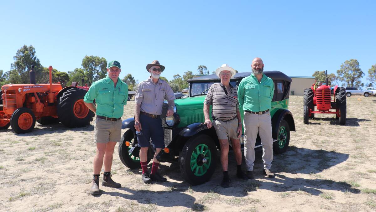  Brice Maddock (left), Nutrien Ag Solutions, Badgingarra, with Ross and brother Arthur Hogg, Jurien Bay, and Nutrien Ag Solutions auctioneer Andrew Viola in front of the 1928 vintage Pontiac sedan which Mr Hogg began his collection with in 2001 and restored to its former glory over 11 months. The Pontiac sold for $30,000 at the clearing sale last week to J & B Sawyer, Dalwallinu.