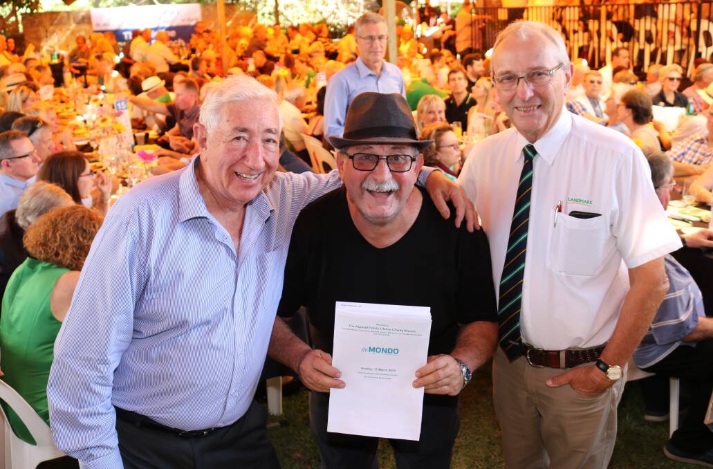 Vince Garreffa (centre), Mondo Meats, who hosted the The Aspinall Family Charity Brunch in his Mt Lawley backyard on Sunday was with retiring auctioneer John Garland (left), Garland International  and Neil Brindley, Landmark Brindley & Gale, Esperance, making his debut auctioneering appearance at the event.