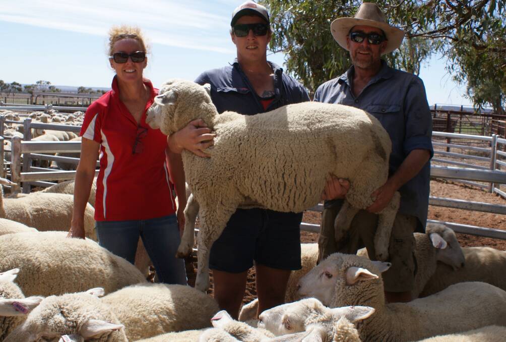 WAMMCO Producer of the Month winners for February Kate, Jack and Peter, Ikewa Grazing, Mingenew, with some of their 650 White Suffolk-Prime SAMM lambs booked for WAMMCO this month.
