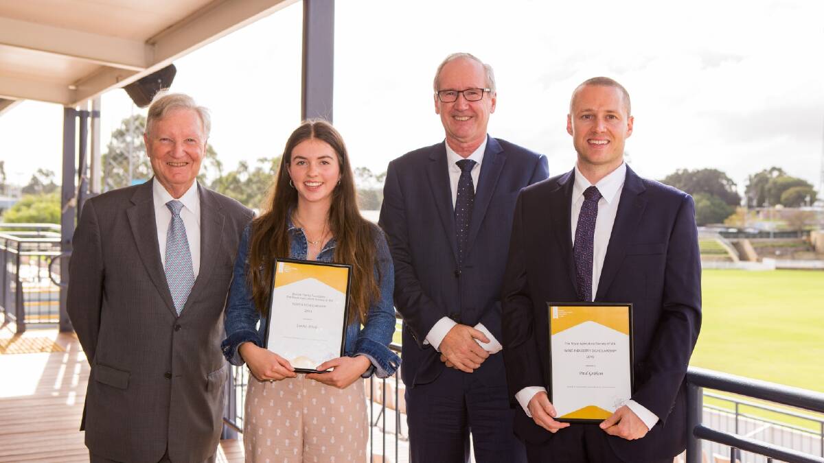 Ted Sharpe (left) from the Bendat Family Foundation, student scholarship recipient Emma Steele, Royal Agricultural Society president Paul Carter and inaugural Wine Industry Scholarship winner Paul Graham.