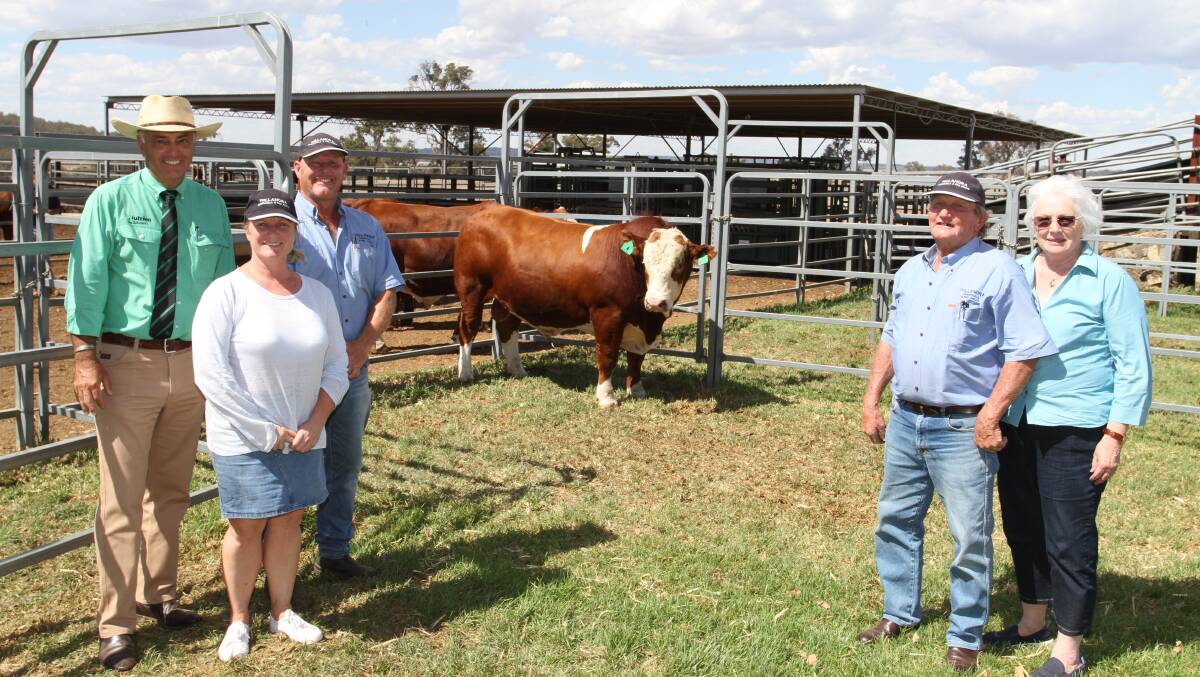Prices hit a new stud record high of $18,000 at the annual Willandra Simmental and Red Angus bull and stud heifer sale at Williams last week. With the top-priced bull Willandra Qantastic Q914 (P) (by Woonallee Jericho) purchased by the Barana Simmental stud, Coolah, New South Wales, on AuctionsPlus were Nutrien Livestock WA manager Leon Giglia (left) and Willandra principals Jen, Peter, Charles and Beryl Cowcher.