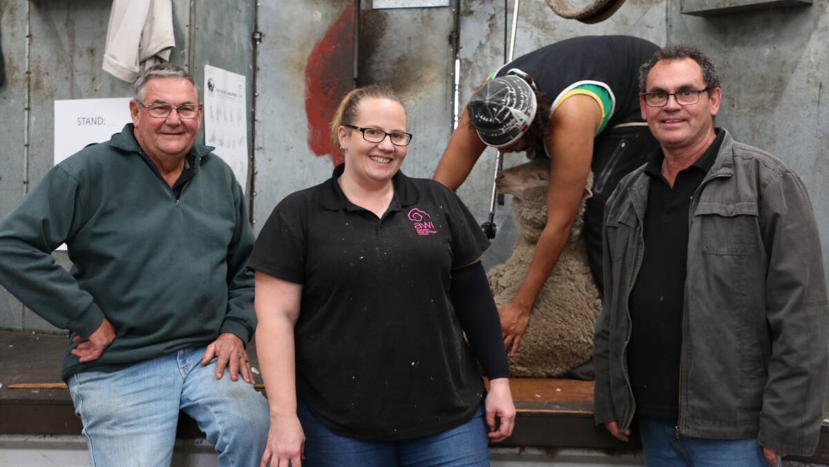 Basil Parker (left), shearing course co-ordinator and ASHEEP committee member, Amanda Davis, AWI wool handling trainer and Darren Spencer, Western Australian Shearing Industry Association president, shared their knowledge with the shearing course participants, including Matt Reid, Esperance, (shearing in background).