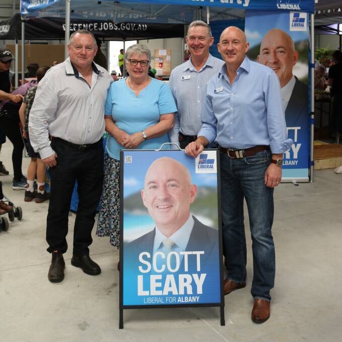 In the Liberal's stand were Shadow Minister for Agriculture, Regional Development and Finance Steve Thomas (left), long-time Albany branch member Brenda Jeanes, Albany deputy mayor Greg Stocks, who is second on the party's upper house ticket for the south west behind Mr Thomas and candidate for the seat of Albany, Scott Leary, Albany City Motors financial controller.