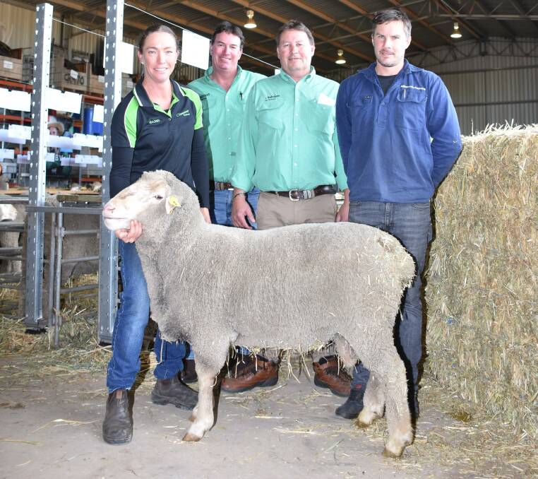 With the $4100 top-priced ram at last weeks Chirniminup on-property Dohne ram sale at Nyabing were Chirniminup principal Rachel Browne (left), Nutrien Livestock auctioneer and Katanning agent Mark Warren, Nutrien Livestock Breeding representative Roy Addis and buyer Tim Pyle, Millstream Pastoral, Manypeaks.