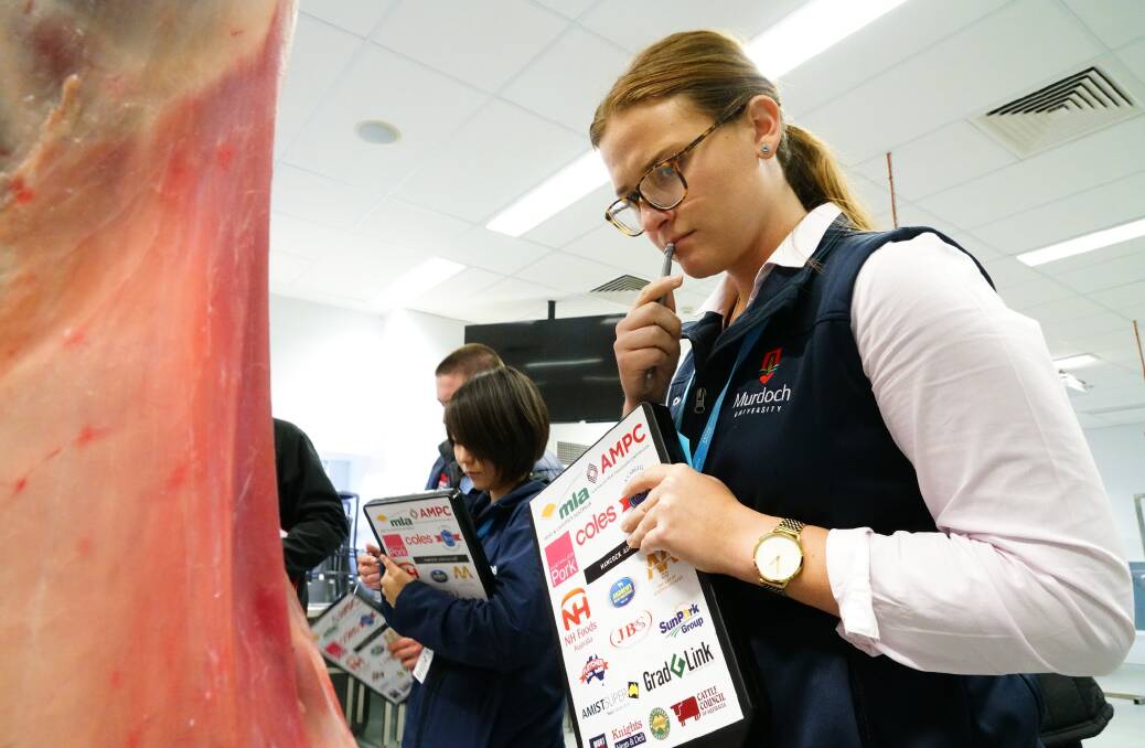 Renae Piggott judging lamb carcases at the Intercollegiate Meat Judging competition held at Charles Sturt University in Wagga Wagga, New South Wales.