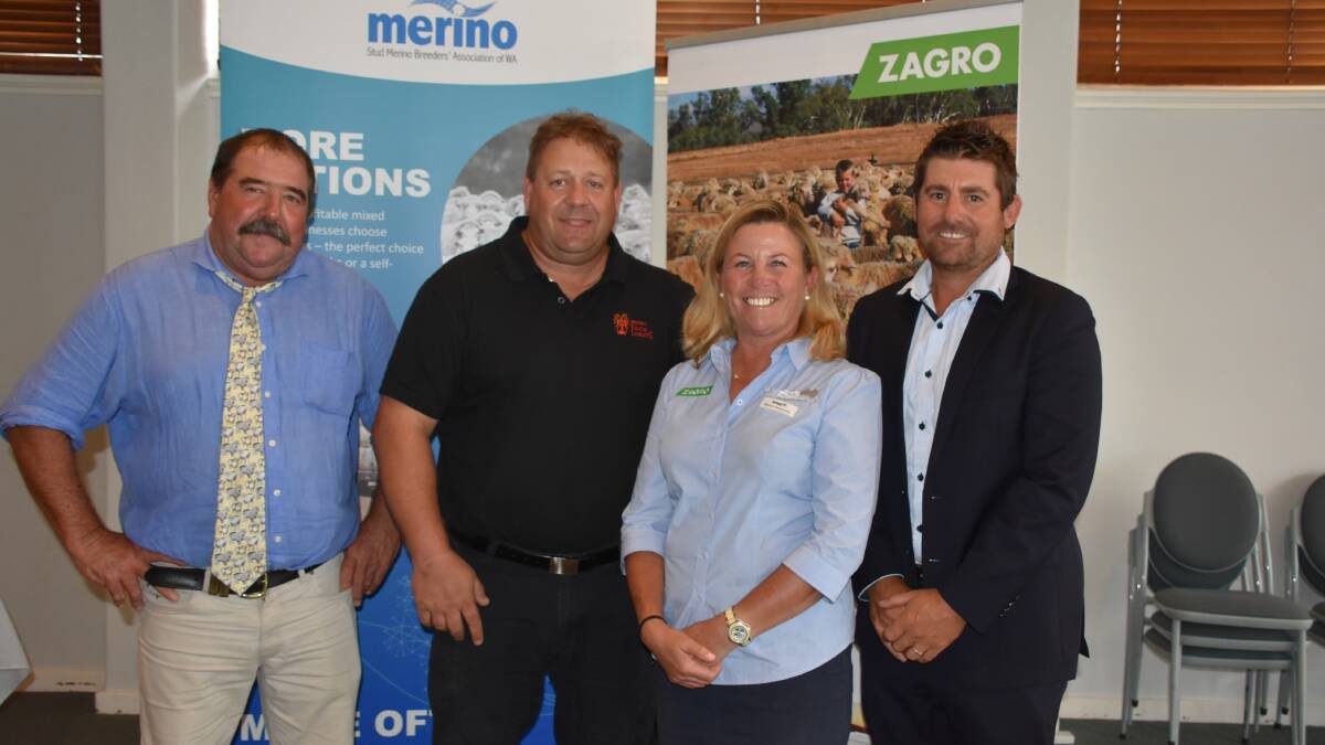 Outgoing Stud Merino Breeders' Association of WA president Scott Pickering (left), Derella Downs and Pyramid Poll studs, Cascade, with the afternoon's guest speakers Lancelin crayfisherman and Western Rock Lobster Council of WA C Zone member Clint Moss and WSD Agribusiness WA sales manager Marcia Devenney and incoming Stud Merino Breeders' Association of WA president Allan Hobley, Wiringa Park stud, Nyabing.
