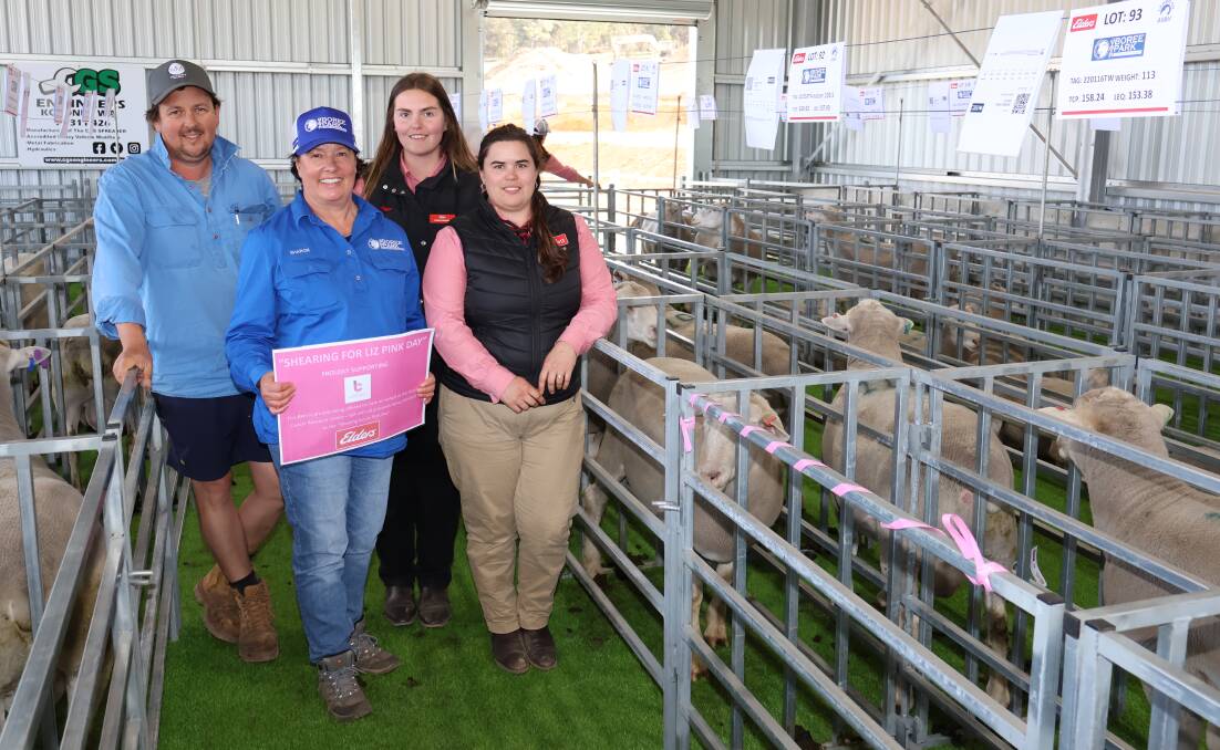  Buyer Xavier White, Wagin, Boree Park office manager, Sharon Bagnall, Elders Katannings Rachel Mulcahy and Elders Kojonups Paula Hardingham next to the $1600 ram donated as part of the Shearing for Liz Pink Campaign, Centre for Breast Cancer Research WA.