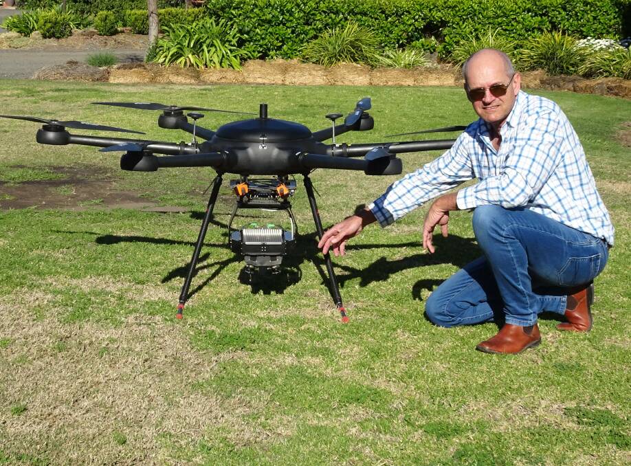 John Single, Narratigah, New South Wales, with a drone carrying the Single Shot weed sensor.