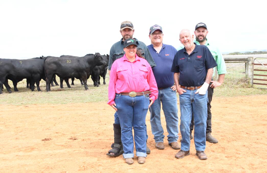 The Whiting family, Shepwok Angus, Esperance, purchased the $11,500 top-priced Naranda bull, Naranda T9 which was offered in lot 10 at last weeks combined Bannitup and Naranda Angus on-property bull sale at Esperance. Infront of the bull were Shepwok Angus cattle managers Nigel (left) and Jess Bingham, top price prize sponsor Ben Fletcher, Zoetis, Naranda principal David Johnson and Chatley Livestock, Nutrien, Livestock, Esperance representative Jake Hann.