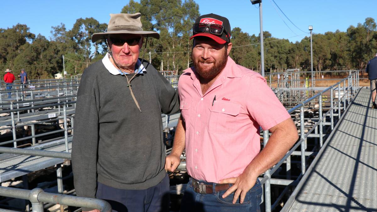 Les Castle (left), Nillup, at the sale with his agent Brendan Millar, Elders, Margaret River, who bought several pens of cattle at the sale including some clerked to Mr Castle.