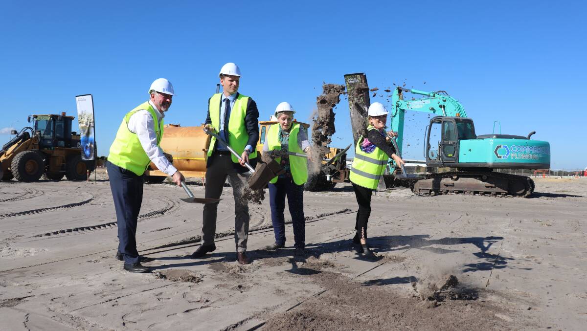  Turning the first sod to mark starting construction of the Western Australian Food Innovation Precinct at Nambeelup are Murray Shire president David Bolt (left), Federal Canning MP and deputy Defence Minister Andrew Hastie, State Regional Development, Agriculture and Food Minister Alannah MacTiernan and Murray-Wellington MLA Robyn Clarke.