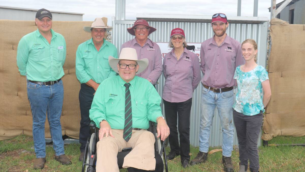 Soaking up the sales success was Nutrien Livestock, Manjimup agent Laurence Grant (left), Nutrien livestock Albany agent Terry Zambonetti, with Nutrien livestock auctioneer Tiny Holly (front), Quanden Springs stud co-principals Noel and Robyn Stoney with their son John and his wife Kimberley.