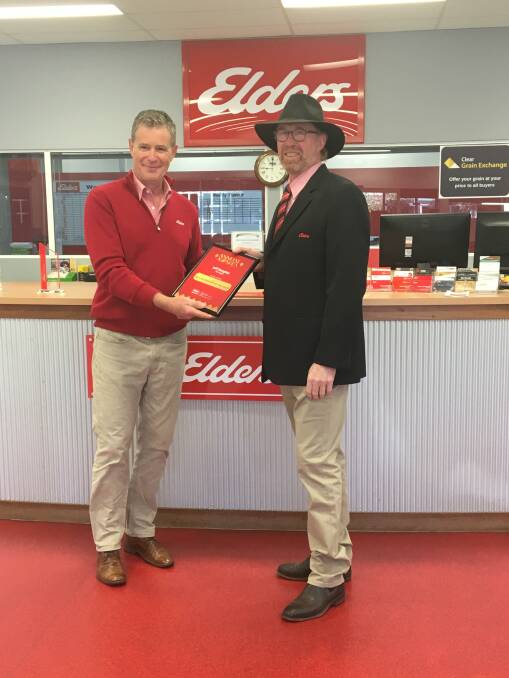Elders sales representative Jeff Douglas (right), Narrogin, was awarded the Masters Agent award (one of only six in Australia) by zone real estate manager West, Drew Cary.