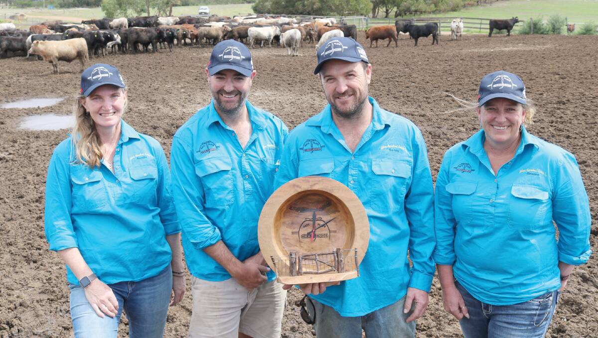 Harvey Beef Gate 2 Plate Challenge co-ordinator Narelle Lyon, president Jarrod Carroll and committee member Sandy Lyon with the Harvey Beef Gate 2 Plate Challenge trophy at the Lyon's Willyung feedlot, Albany.