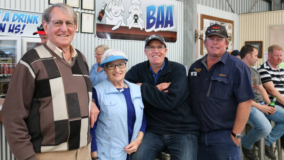 Joe (left) and Mary Cummings, Esperance, with their son-in-law and CBH chairman Simon Stead, Cascade and Andrew Bott, Bott Livestock, Munglinup, who bought four rams.