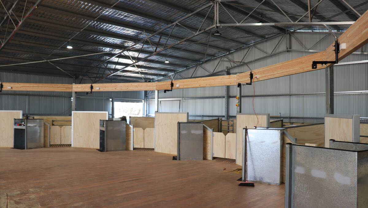 The horseshoe-shaped flat board at the innovative Kojonup shearing shed open for inspection next Thursday is designed to minimise the distance wool handlers have to walk to collect fleece and return to the preparation table and wool press.