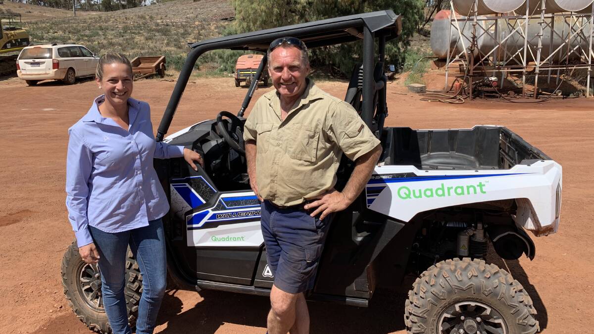 Adama commercial manager  WA Susie Mason, with the lucky winner of the Yamaha Wolverine quad bike in the company's Quadrant herbicide competition this season, Paul Sutherland, Dalwallinu.