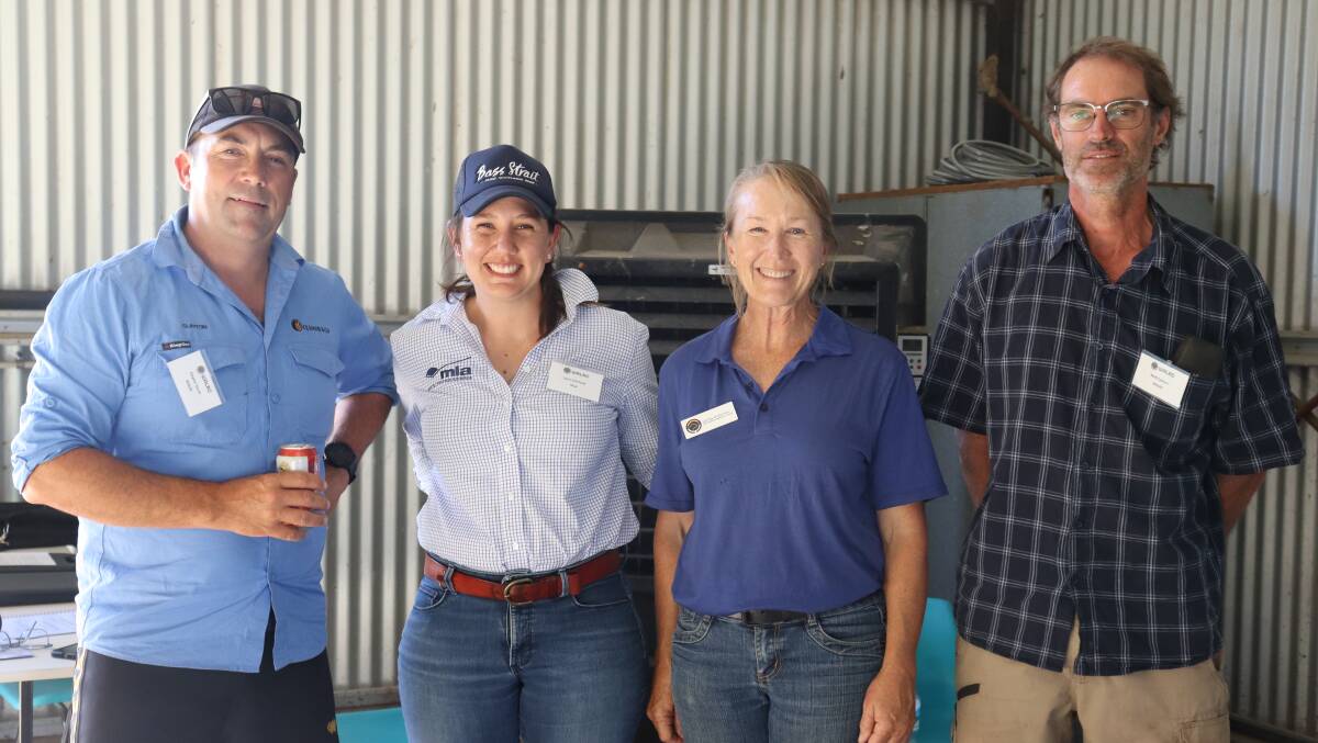 Wagin cropping and sheep farmer Clayton South (left), Meat & Livestock Australias Laura Garland, Anderson Rams principal Lynley Anderson and Nannup beef producer Matt Camarr attended the field day.