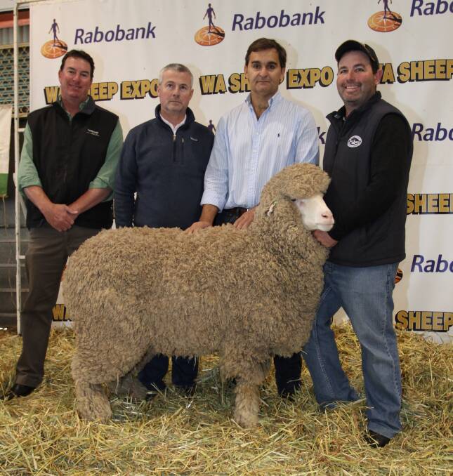 With the St Quentin ewe which sold for $4000 to the La Nueva Argentina stud, Argentina, were Landmark Katanning agent Mark Warren (left), Argentinians Carlos Otamendi and Matias Perez and St Quentin principal Scott Crosby.