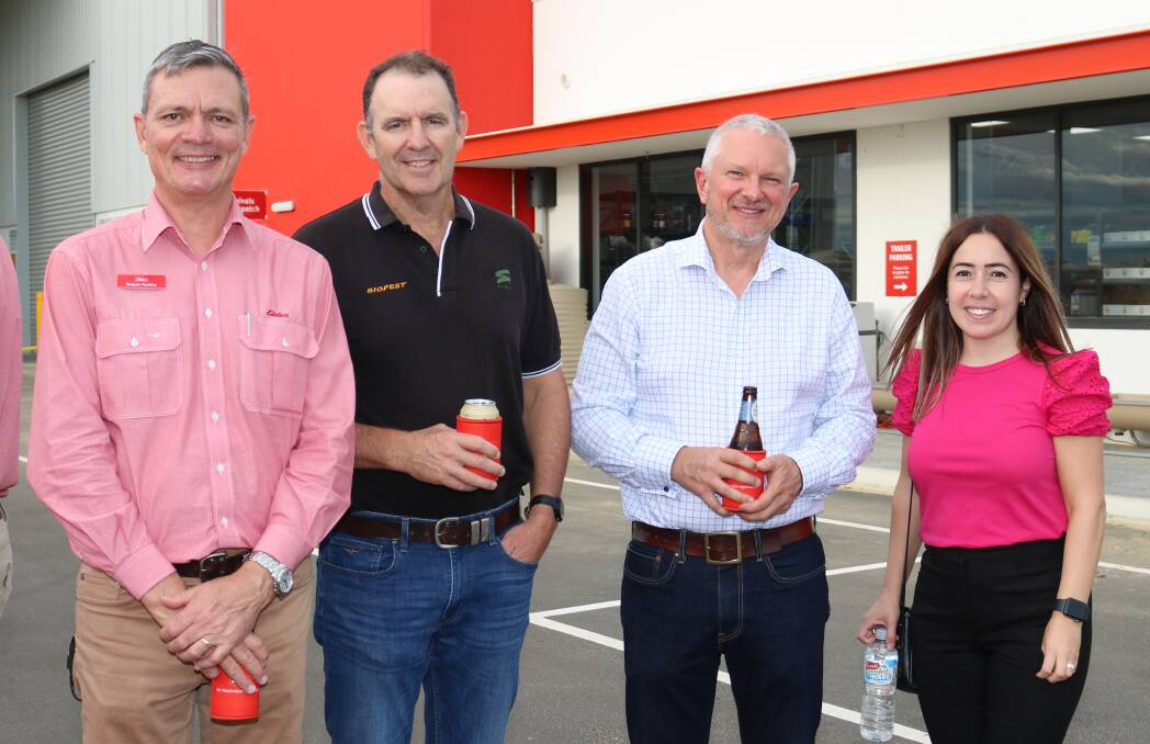 Enjoying refreshments outdoors at the opening were State finance and operations manager Shayne Paskins (left), SACOA regional manager Damion Fleay, Industrial & General director Matt Lyford, Belmont, and Industrial Asset Management director Diana Agapitos, West Leederville.