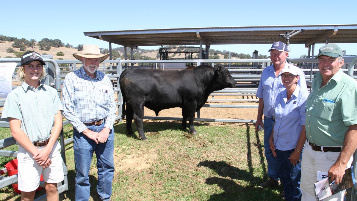  With the $9500 top-priced bull at the second annual Sheron Farm Angus on-property bull sale at Benger last week were Kyle Symington (left), Bunbury and his great uncle and buyer Mervyn Williams, Willarty Angus stud, Coolup, Sheron Farm stud managers Steve and Sandy Elliot and Landmark Brunswick agent Errol Gairdner.