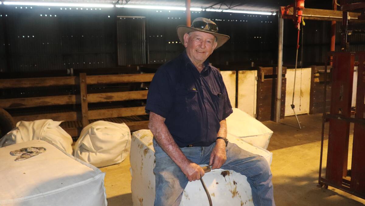 Mal Williams in the two-stand shearing shed he fitted out himself. He used to shear his own sheep although these days contract shearers come in to shear Merinos that are run on the property.