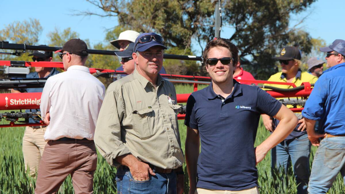  Mullewa grower Andrew Messina (left) and Bilberry chief executive officer Guillaume Jourdain teamed up last year to run a 6000 hectare trial of the French start-up's green on green sprayer technology. Photo by Fiona Mann.